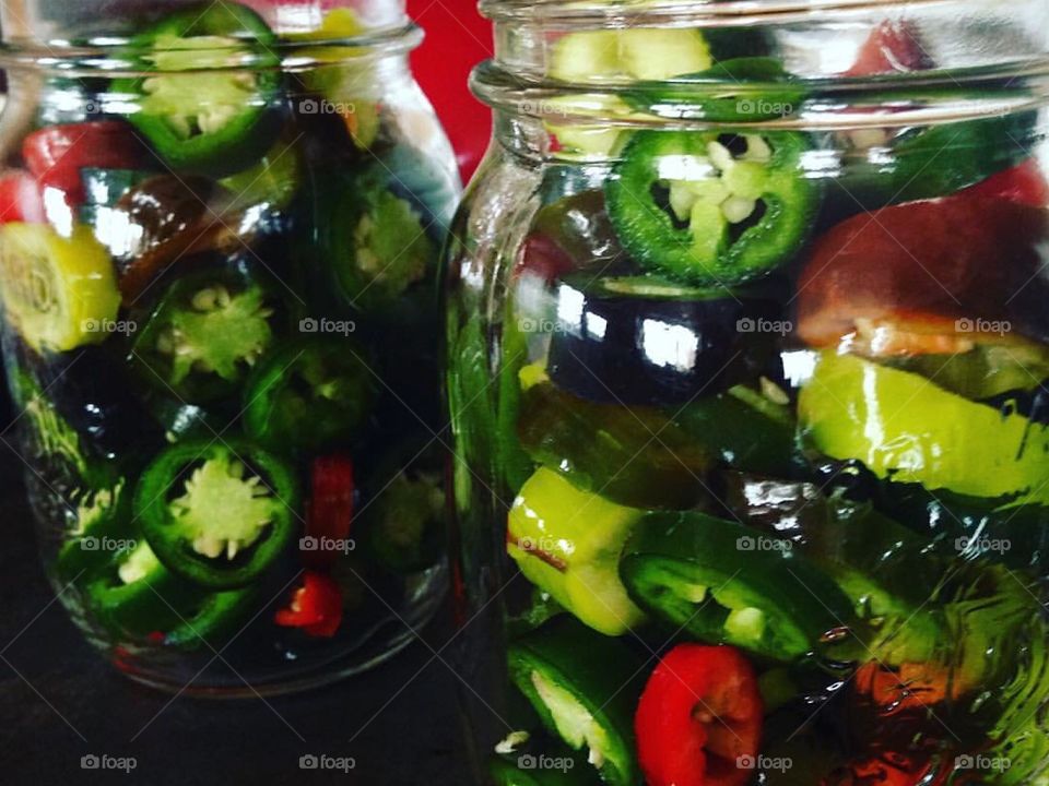 Jalapeños and hot peppers ready to be pickled.  