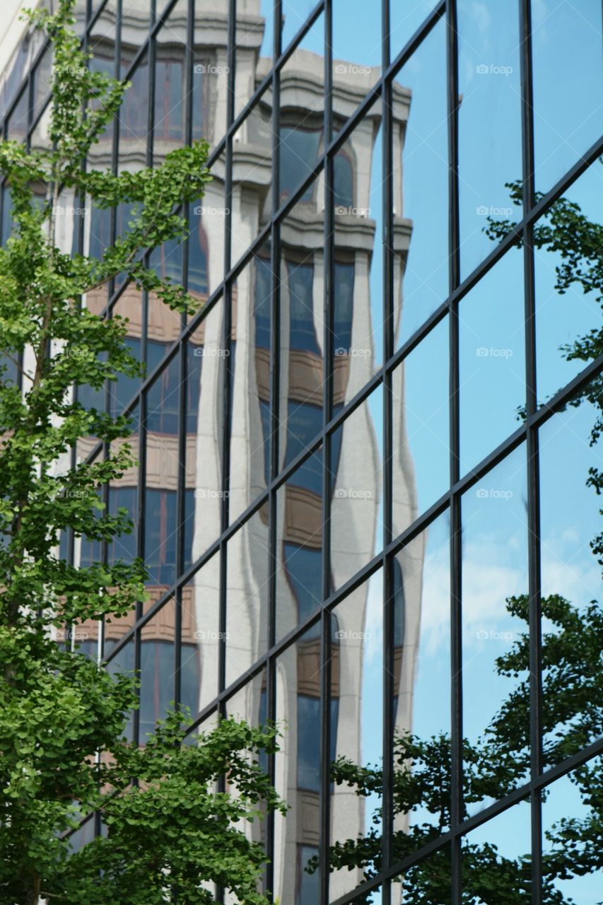 reflections of a building on a building