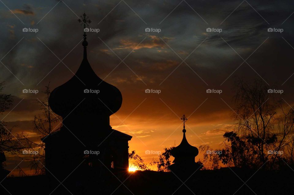 Amazing sunset behind Orthodox Church in Poland