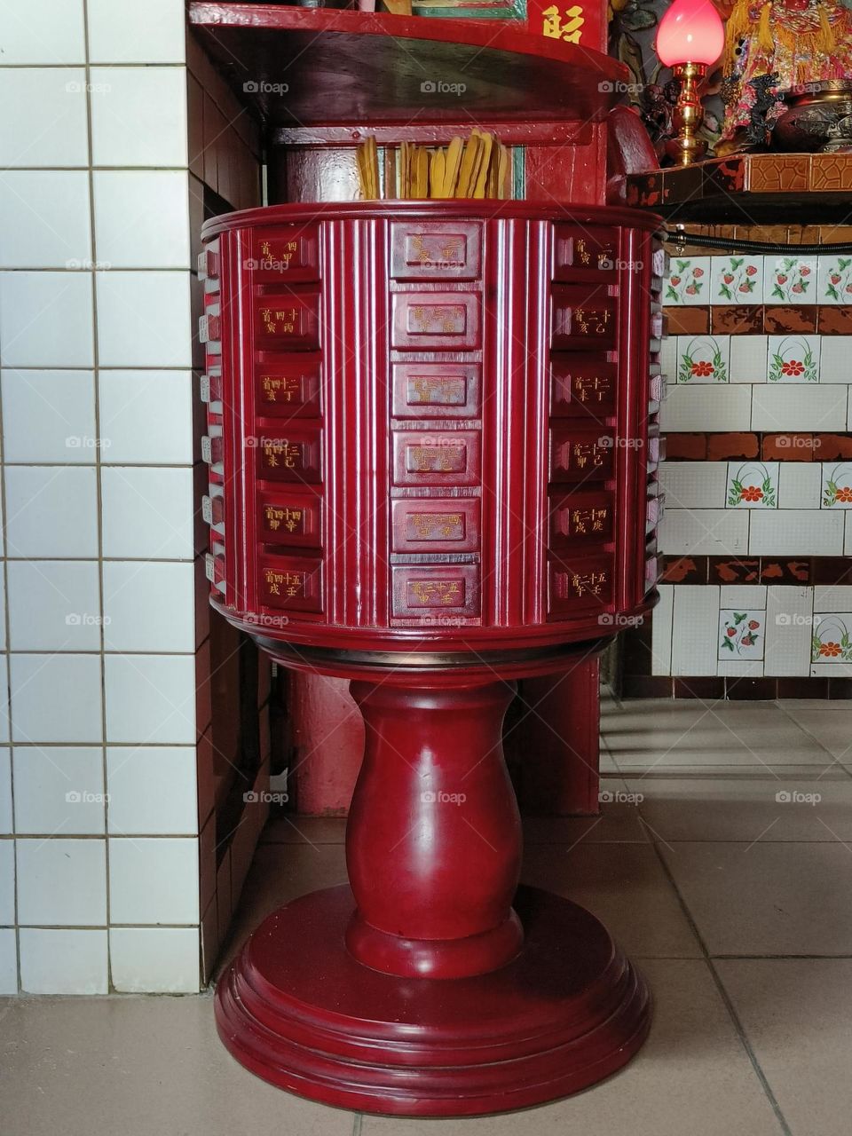Red chinese box in a Chinese temple, closeup of photo
