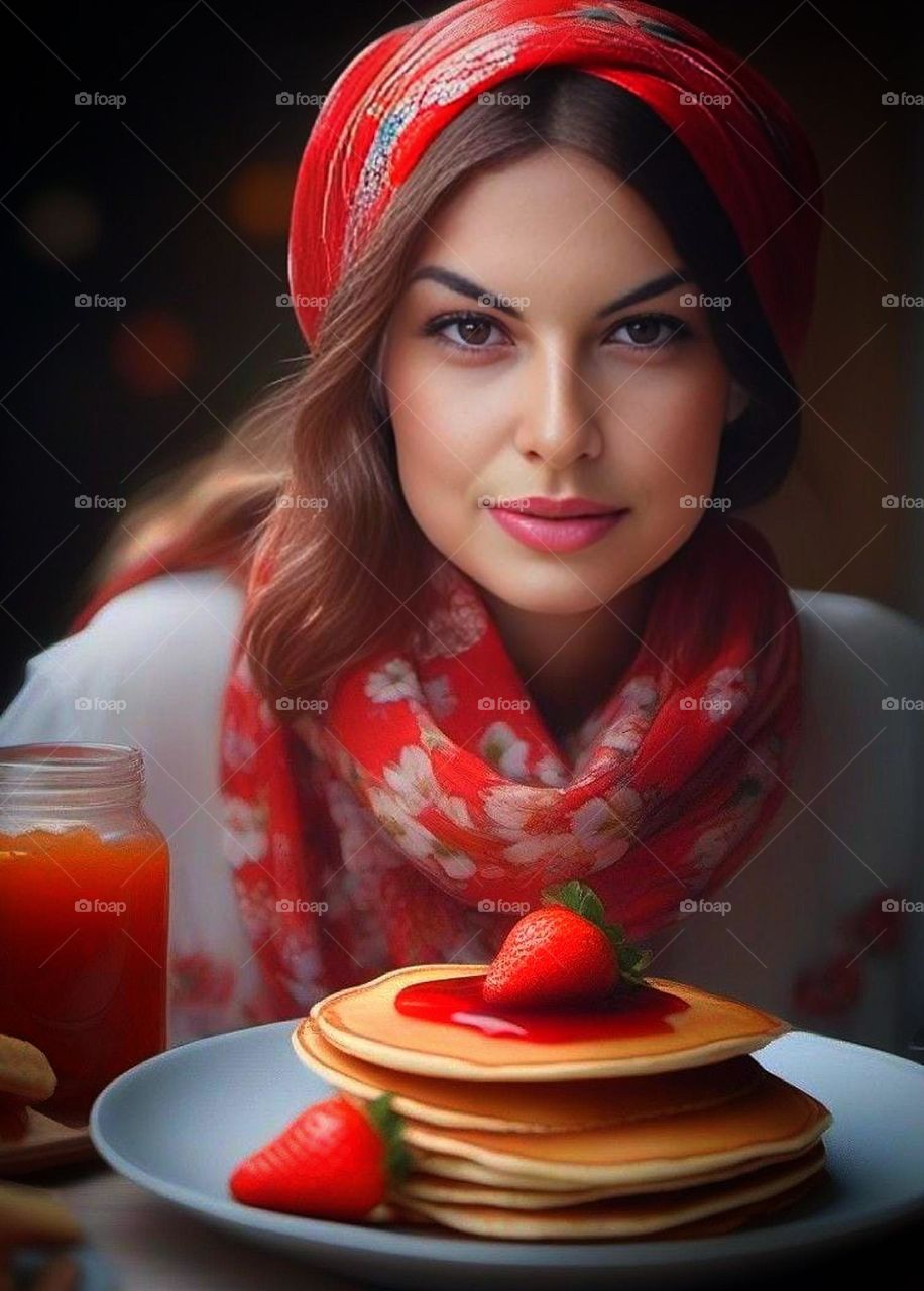 Spring. Maslenitsa - welcoming spring. A woman in a red scarf and pancakes with strawberries