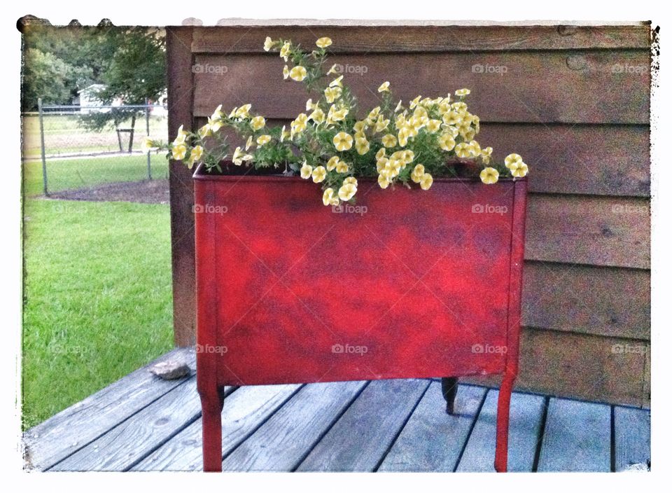 Country Porch Flower. Very old wash tub refurbished and displayed on front porch . 