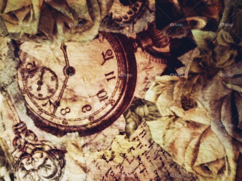 collage with clock, letter, key and flowers