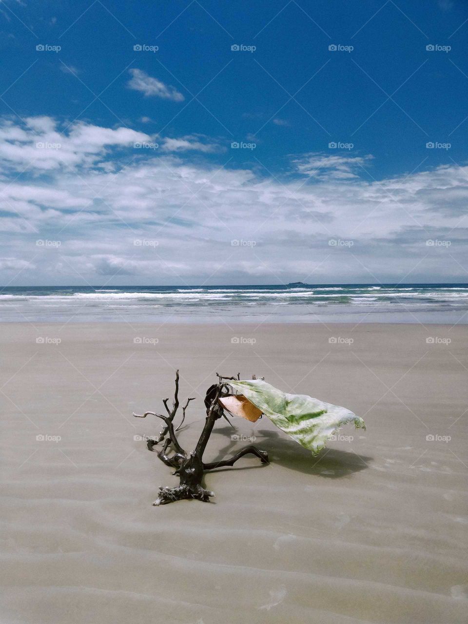 Beautiful Brazilian Beach, at Ilha do Cardoso, Cananéia. Long Beach, sunny day. A straw hat and a small piece of cloth are stuck on a rotten trunk, in the sand, on the wind