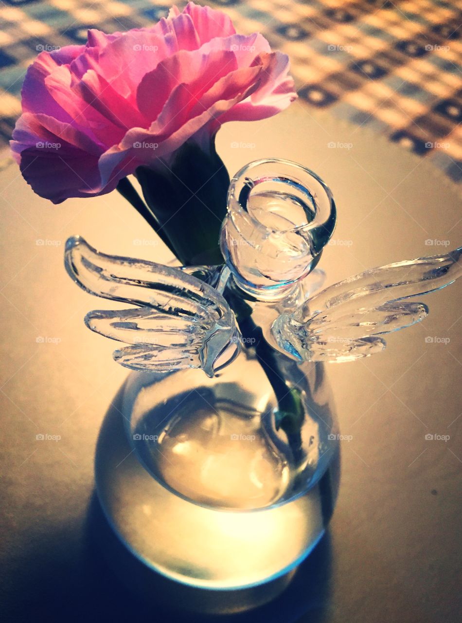 Glass angel with pink flower