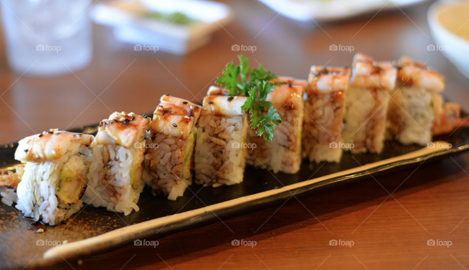 Delicious Shrimp Mania roll on a platter 