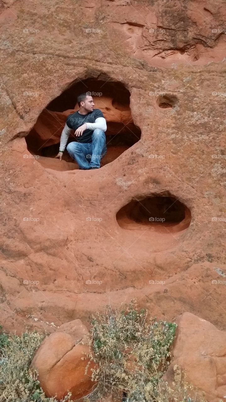 Garden God. Inside a hole in a rock at the Garden of the Gods in Colorado 