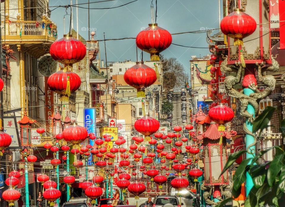 Red Paper Lanterns Celebrating Chinese New Year. Chinatown Street Scene