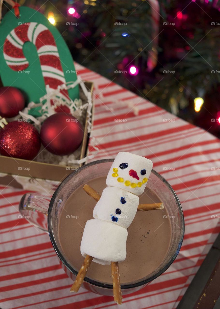 Cold-weather, winter drinks, hot chocolate with marshmallows snowman