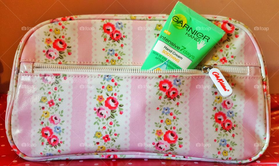 Garnier hand cream in Cath Kidson bag