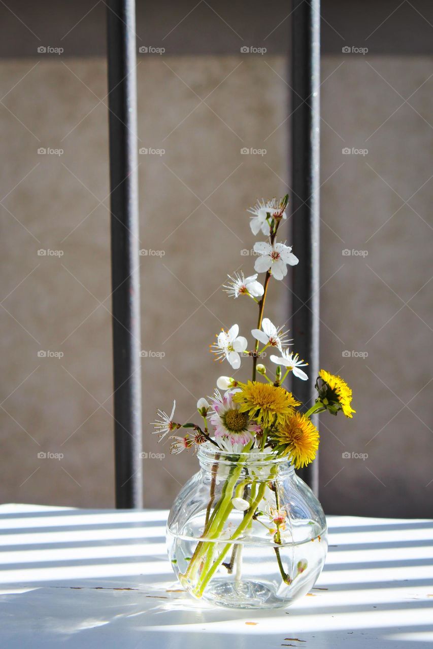 Small glass vase with first spring flowers,  daisies, and dandelion . Beautiful home decor