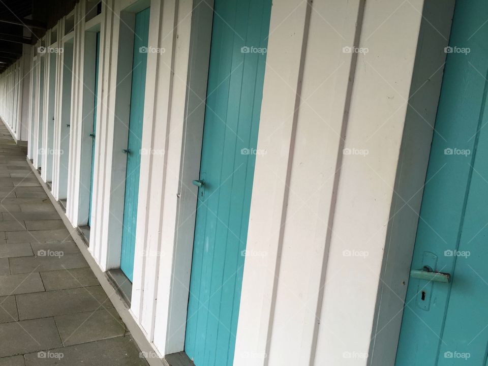 Doors of changing rooms in a public lake bath at Lake Constance in Germany