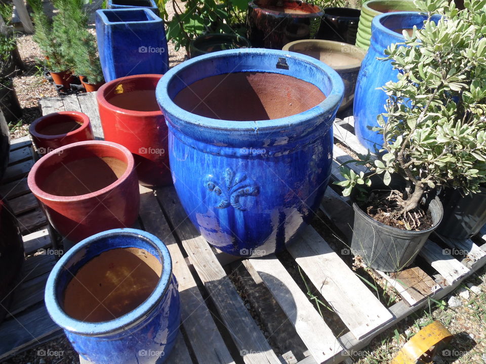 blue pottery. This is a picture of some flower 🌸 pots for sale at a nursery that I visited this week