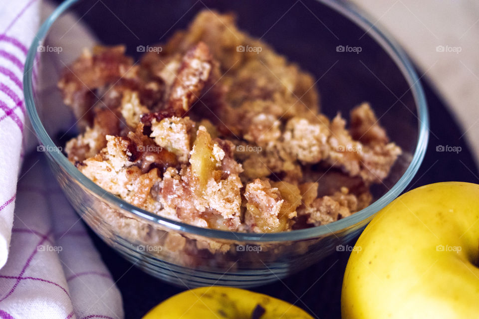 Close-up and detail of a delicious apple crumble