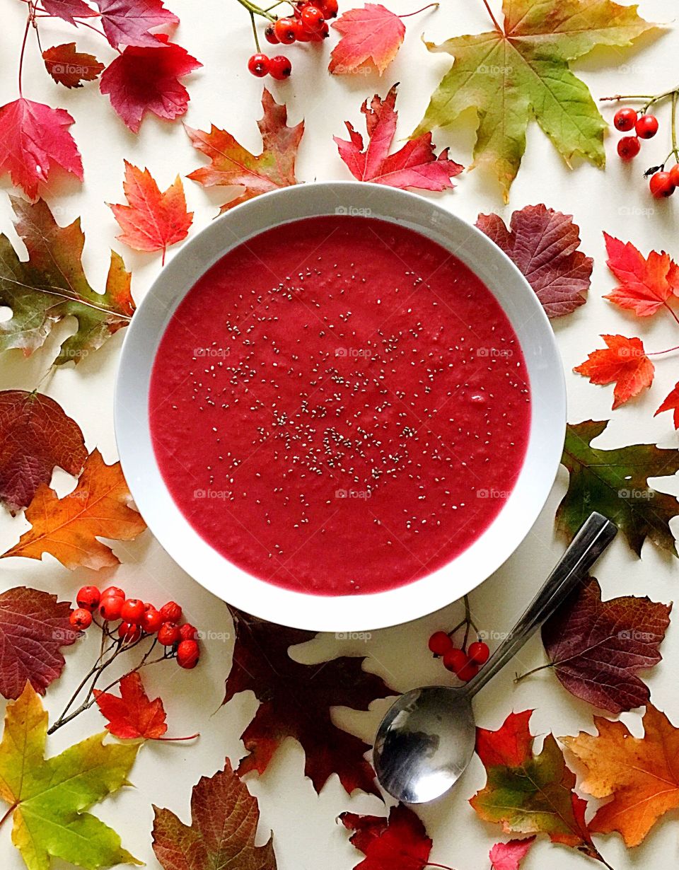 Soup of the day - Autumn colours - Beetroot and pomegranate soup with chia seeds 