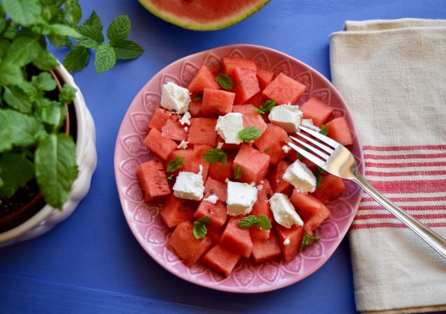 Overhead view of watermelon salad in plate