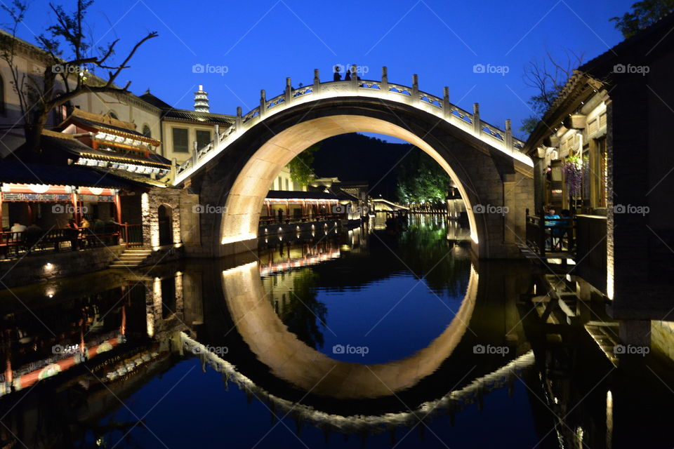 Asia China Beijing Simatai chinese water town at night light on traditional chinese bridge