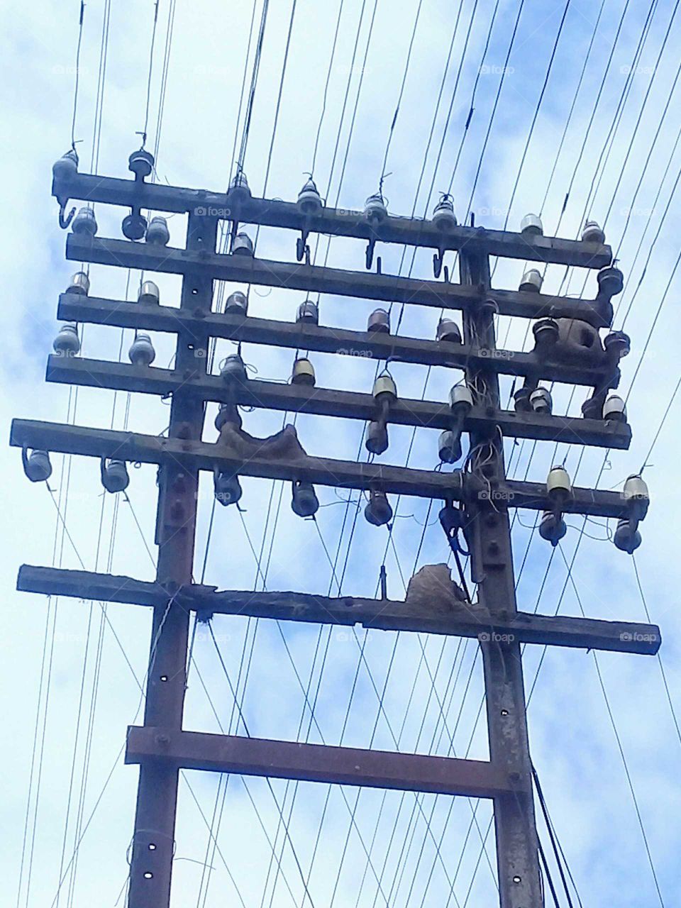Torre de tendido eléctrico habitado por pájaros llamados "horneros", cuyos nidos son edificados con barro y ramitas secas en lo alto de postes y alambrados.