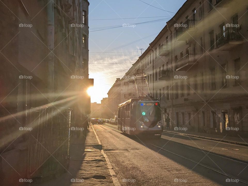 tram in evening sun light