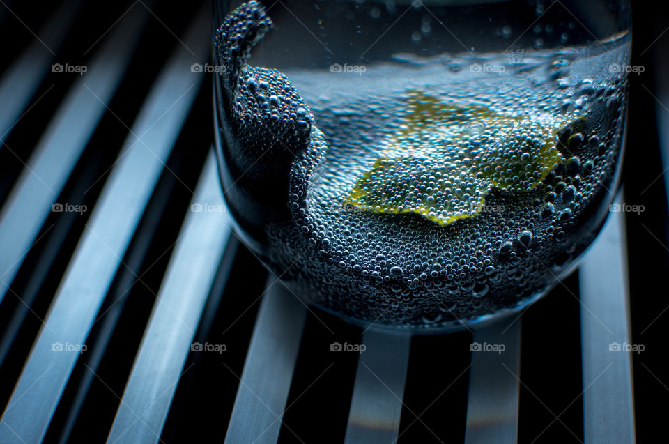 Close-up of a leaf in tonic water