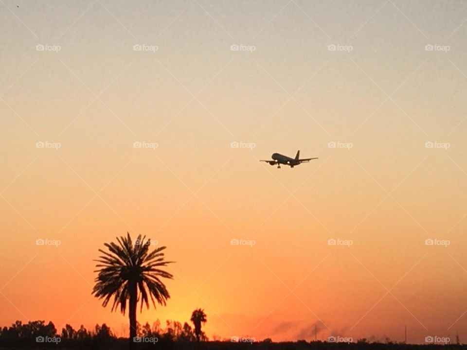 Beautiful airplane flying cross the sky and magic sunset 