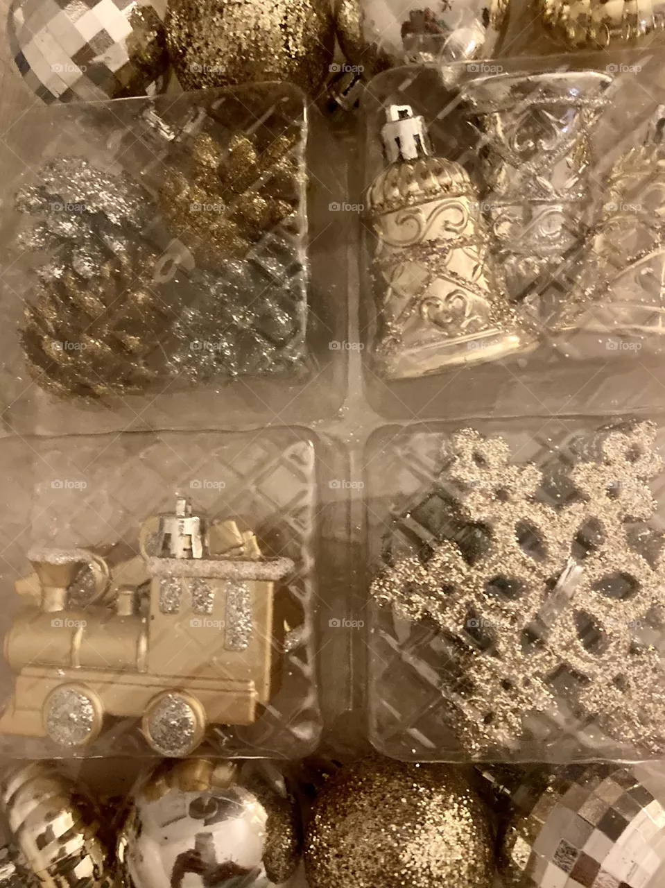 Gold and silver Xmas ornaments in package