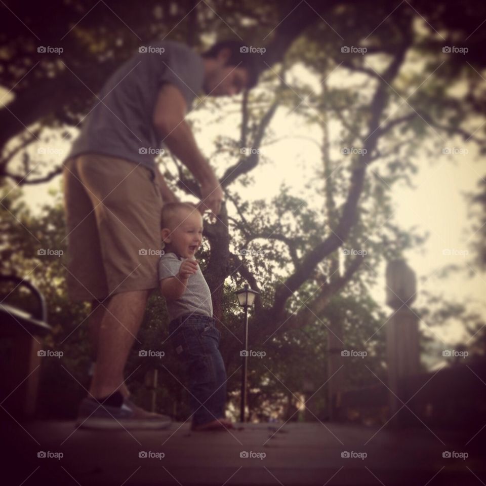 Father and son walking