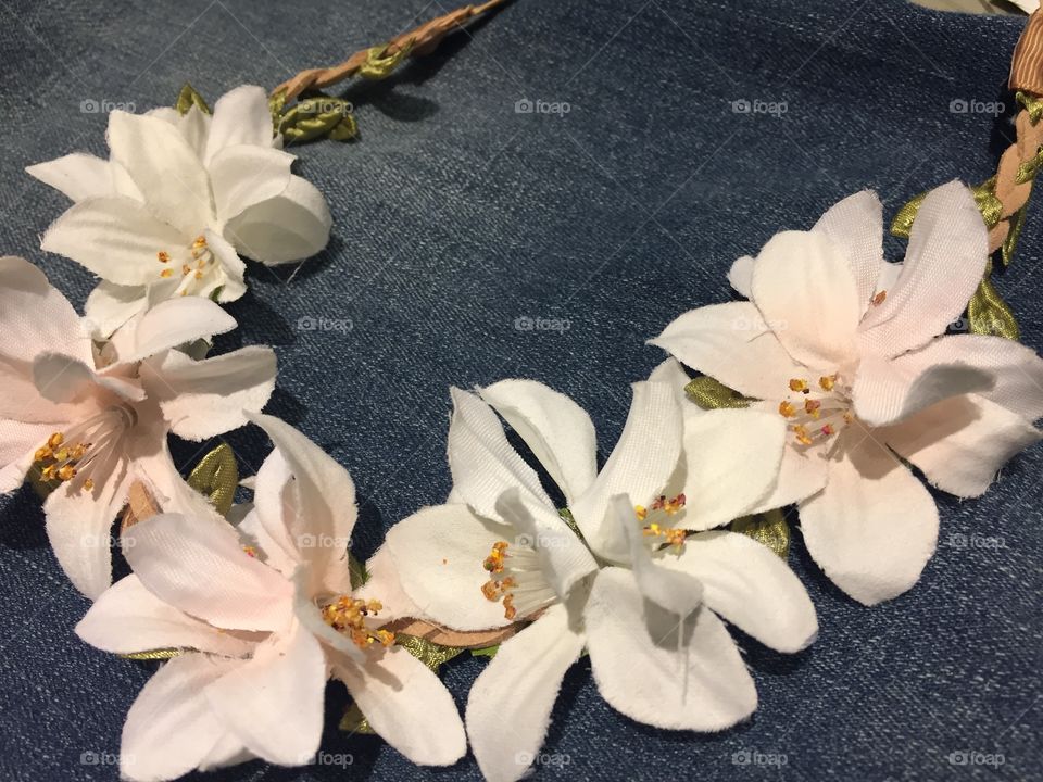 Flower crown:  white flowers on denim. 2 of 2. 