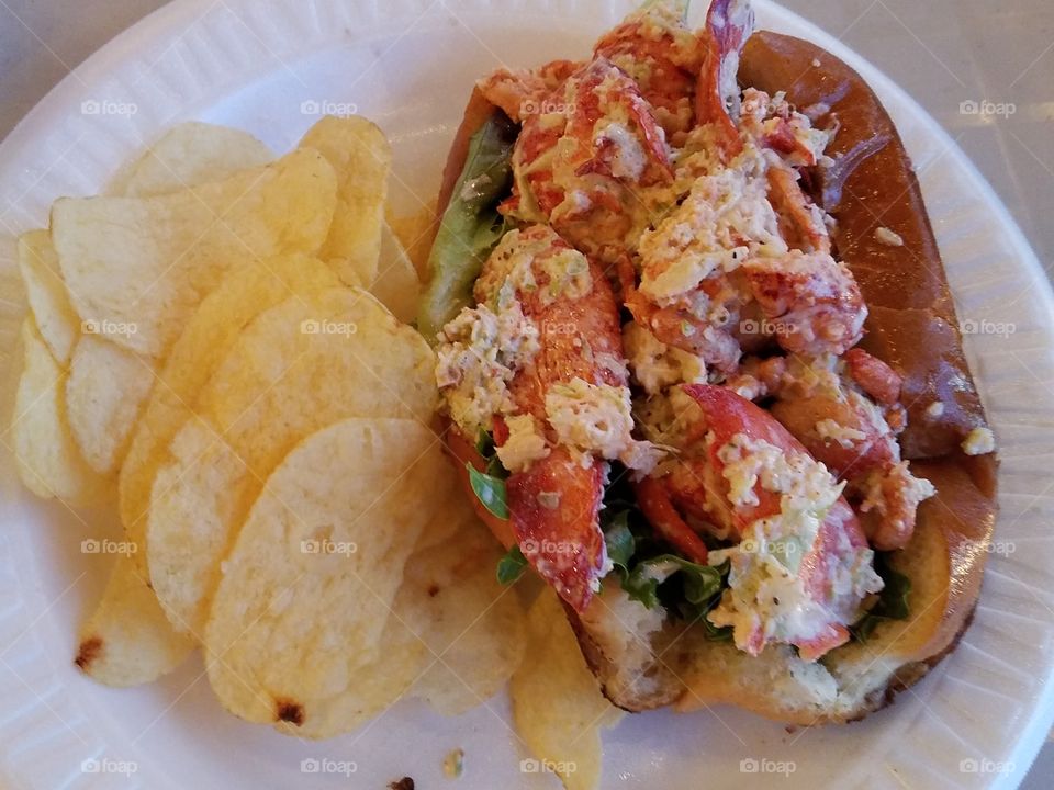 Lobster roll sandwich with potato chips