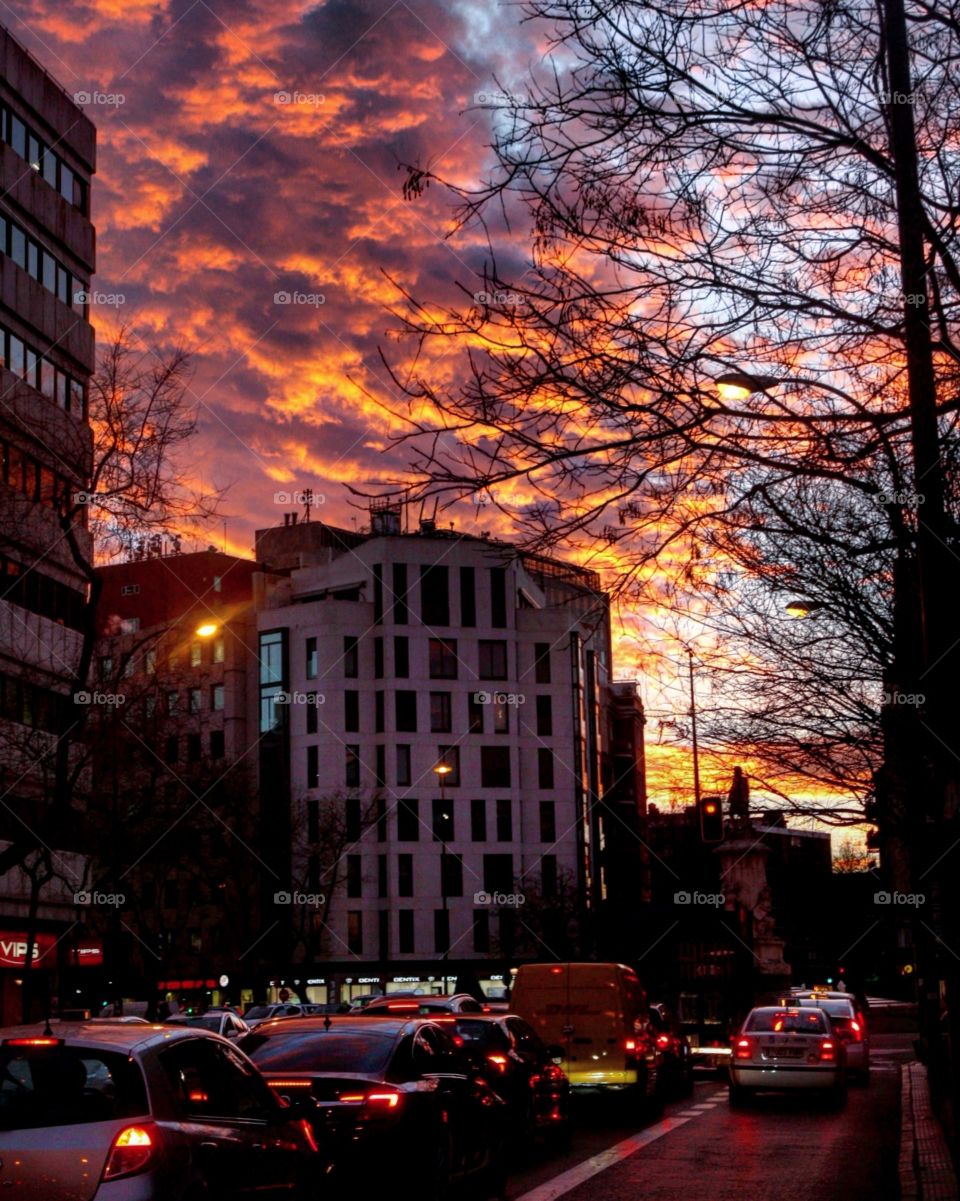 busy city life in Madrid, no matter how hard the day a beautiful sunset always makes it better.