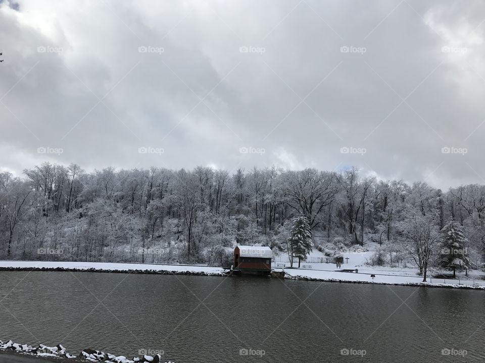 after the snowfall at the lake