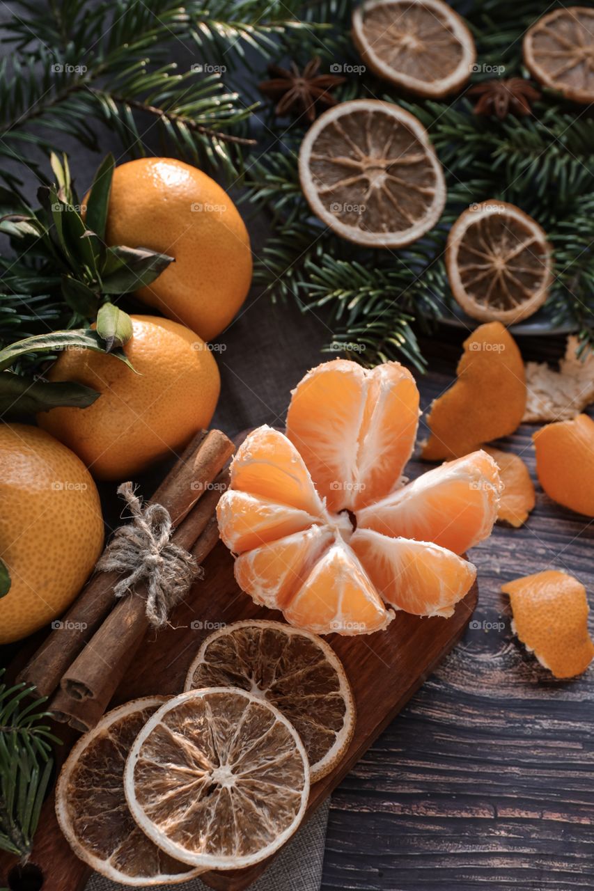 Christmas still life with dried orange and mandarins 