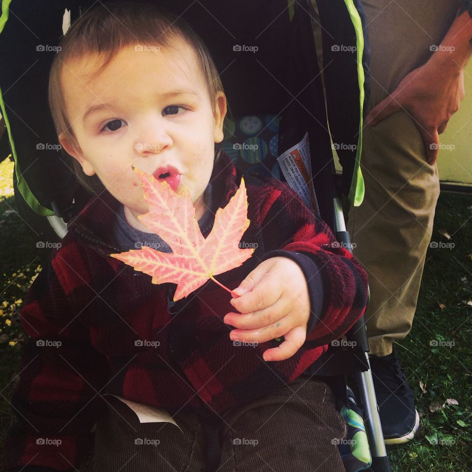 Baby in the fall with a leaf