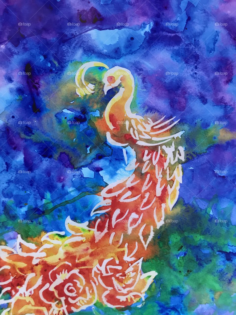 “Melding calm” original peacock watercolor painting 
