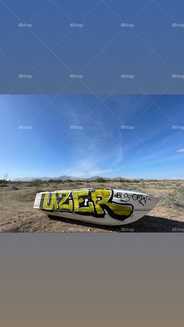 Graffiti boat in the Arizona desert 