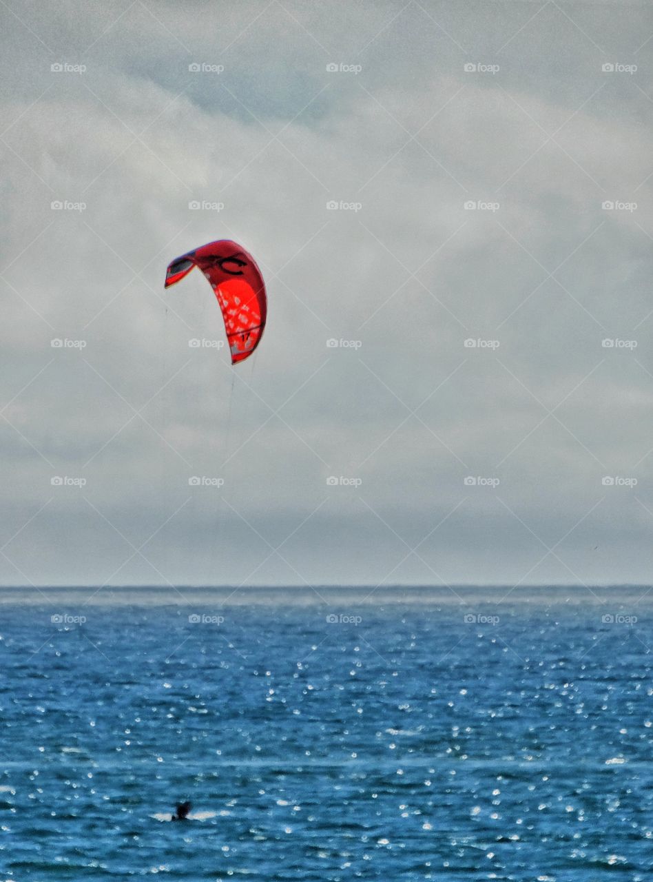 Windsurfing On A Foggy Day. Colorful California Windsurfer
