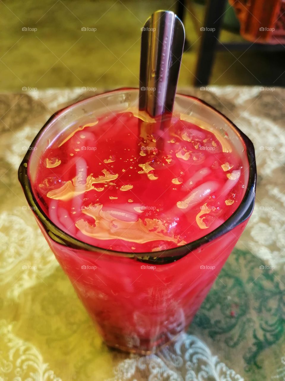 Falooda Noodles or Falooda lachha recipe. FLOODA IS ORIGINS IN INDIAN SUBCONTINENT.
It made from mixing rose sweet syrup, sweet basil seeds with milk, often serve with ice-cream. FLOODA is not only drink but can be a meal.