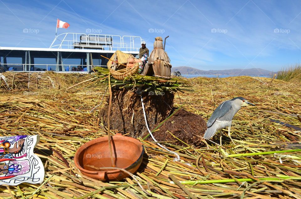 Floating Uros islands and island's creation story demo on Lake Titicaca, Peru