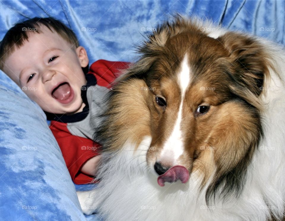 Toddler laughing with his dog