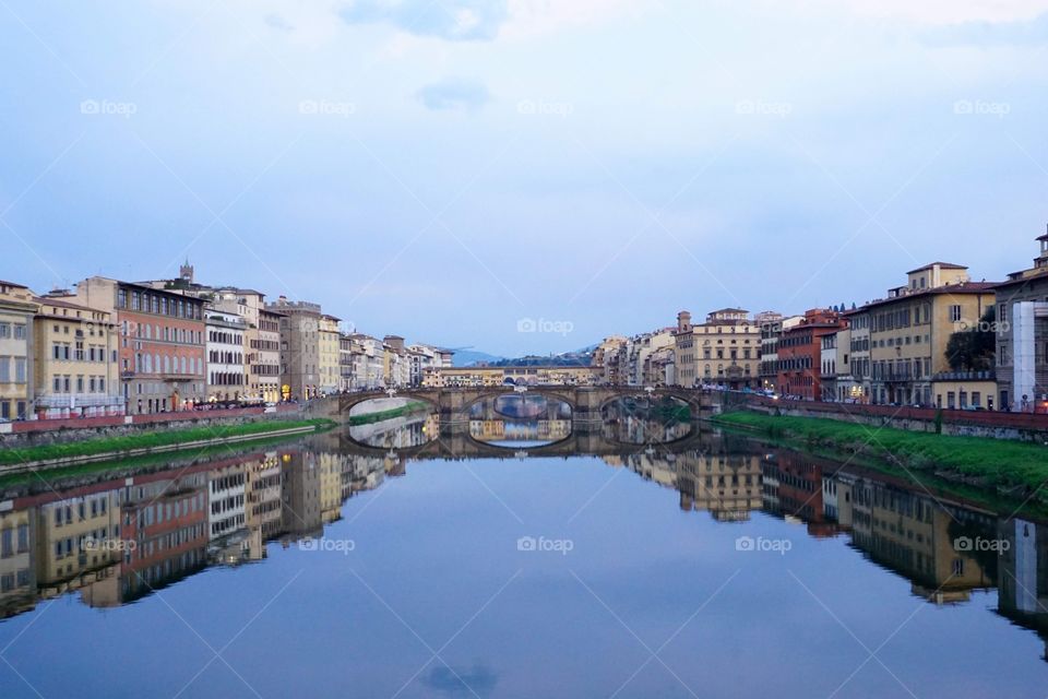 Ponte Vecchio in Florence, Italy perfect Stillwater Reflection at dusk