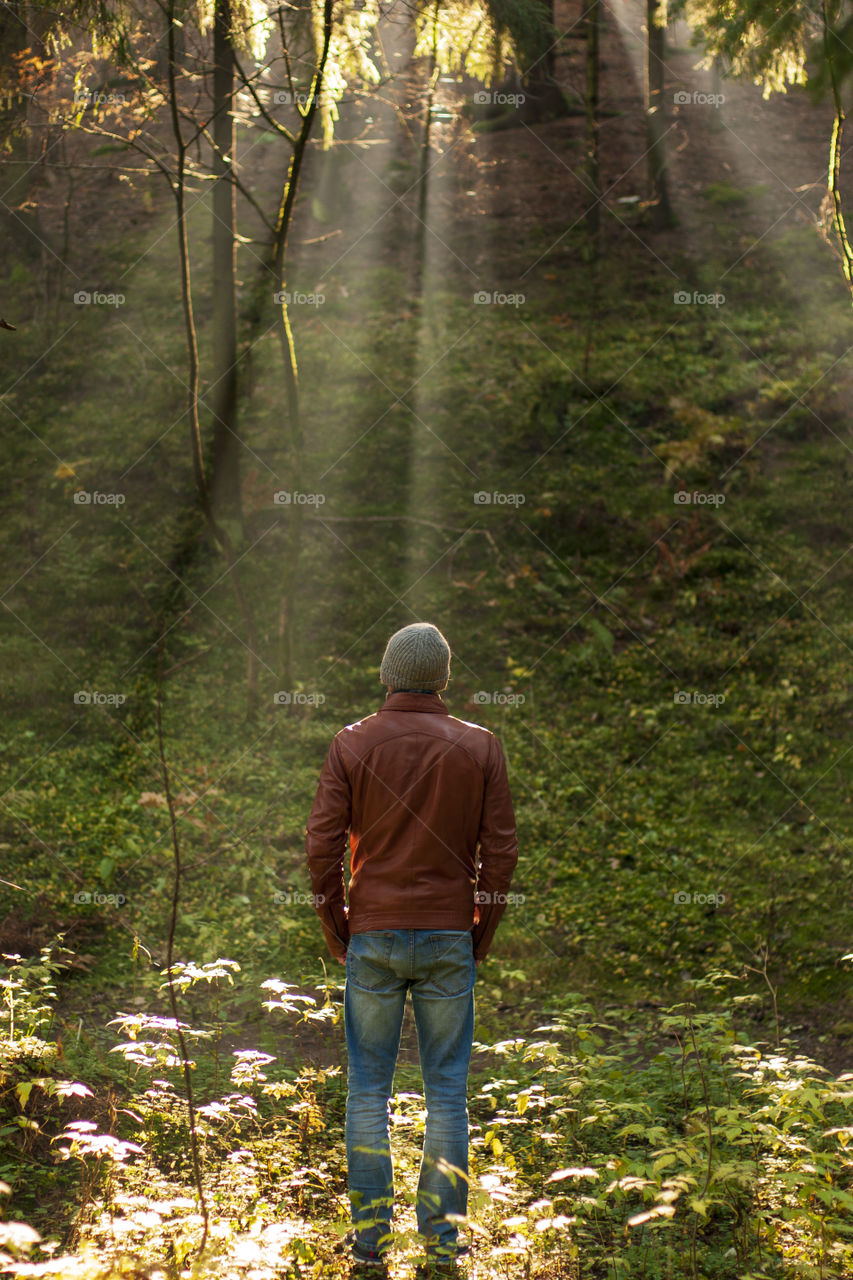 Man looking at the rays from the sun in the forest