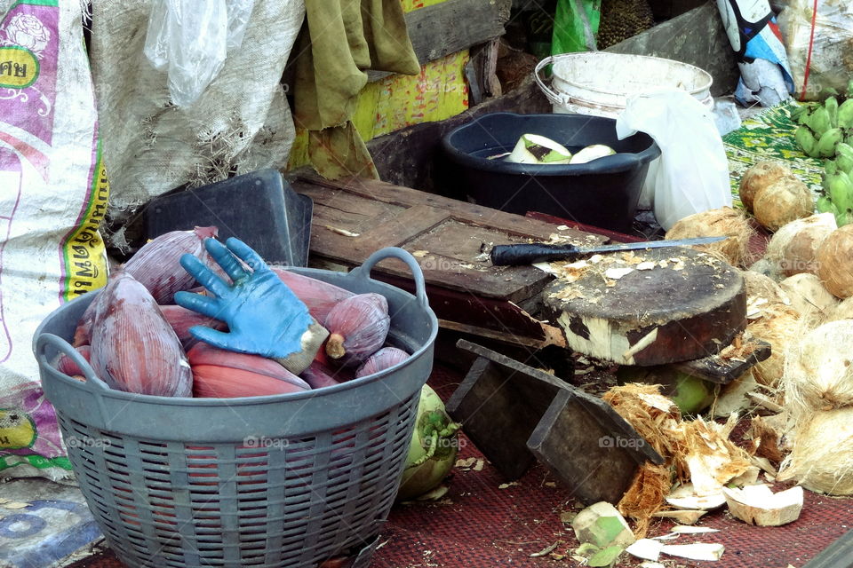 Hand in basket, Maeklong Railway Market, Bangkok, Thailand