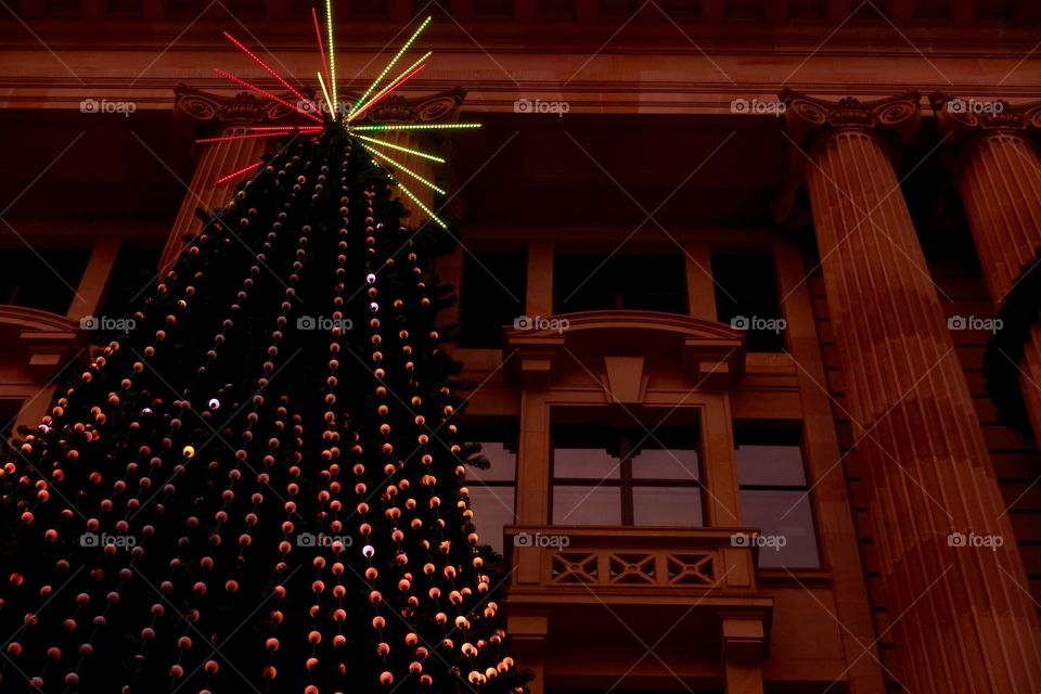 Big Christmas tree is being illuminated with red lighting in front of the classic style building.