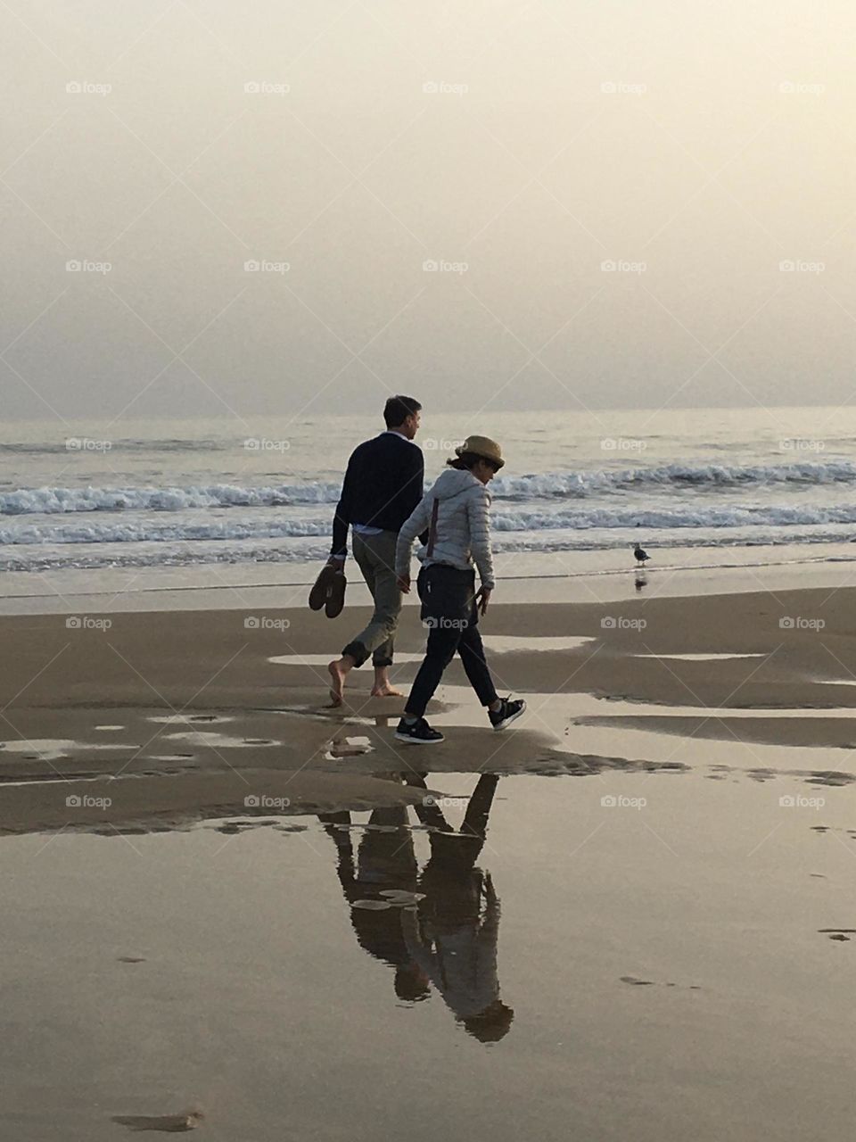 Hiking on  beach in winter