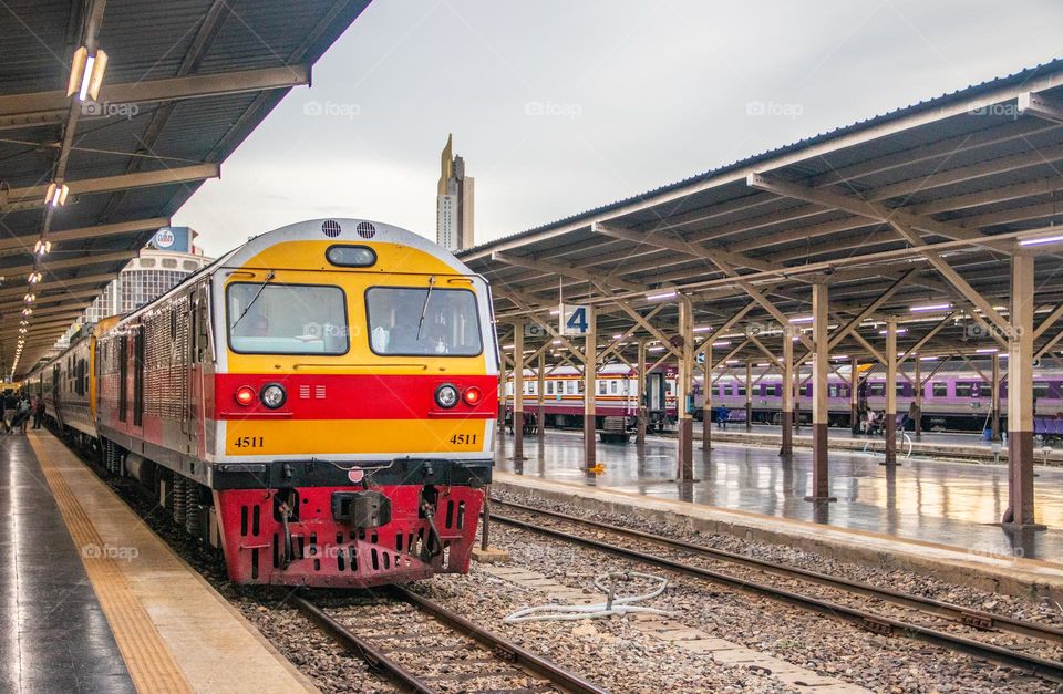 a trian at the Platform of the old main railway station Hua Lamphong in Bangkok Thailand Southeast Asia