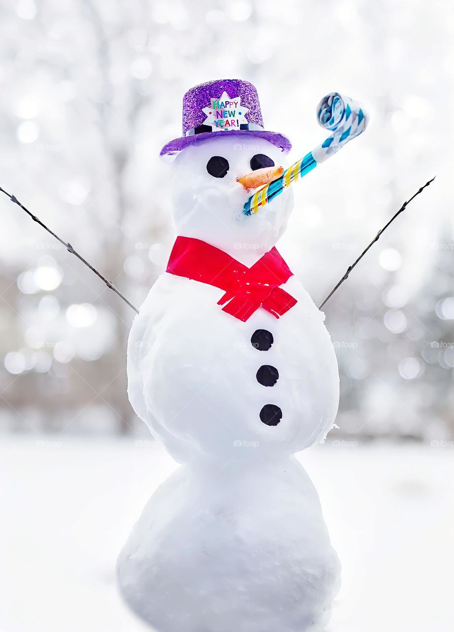 Snowman - Happy New Year
Close up of Snowman with red bow and happy new year hat.