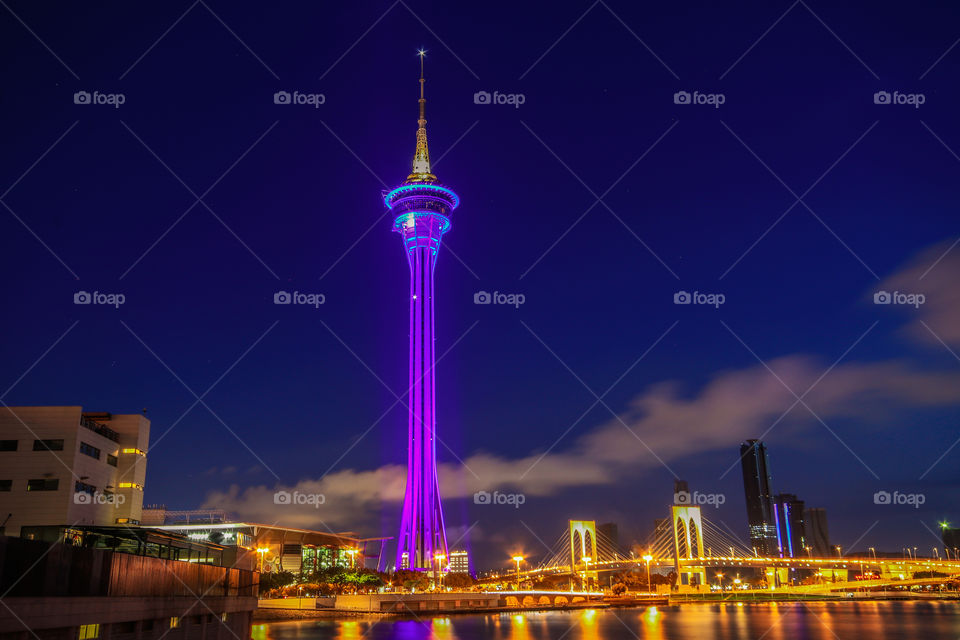 The Colorful Macau Tower at Night View. 