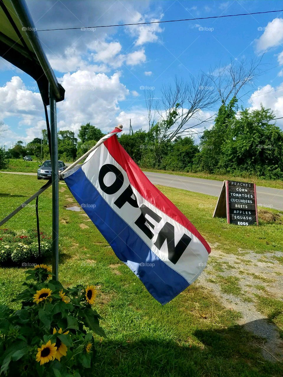 Open flag sign, roadside farm stand, street, customer car, grass.