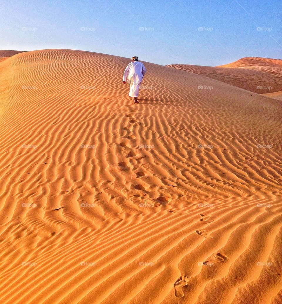 Rear view of person walking in desert