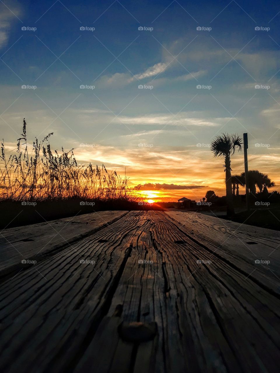 sunset view from wooden bench at Ponce Inlet,Florida